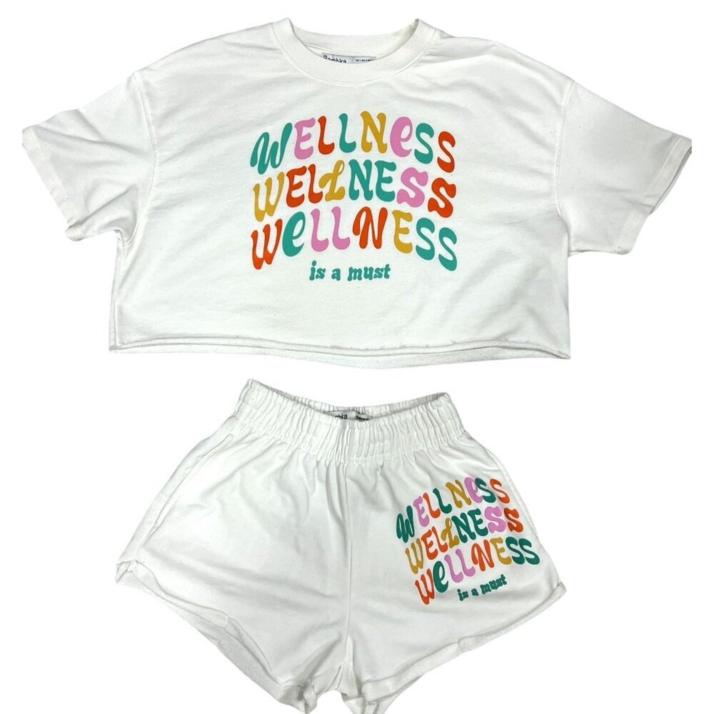 Bershka Cropped Sweatshirt Pullover Top Shorts Set White S "Wellness is a Must"‎